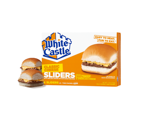 6 pack of White Castle Classic Cheese Sliders with two sliders sitting by the left side of the box